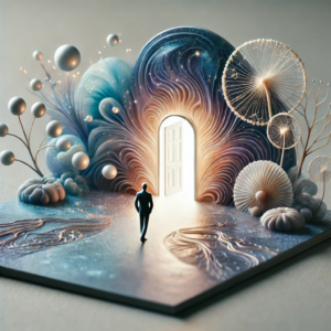 image onirique d'une personne qui avance vers une porte lumineuse et tout autour il y a des volute de lumière et des formes oniriques le tout dans les couleurs bleu, turquoise, lumière, et violet