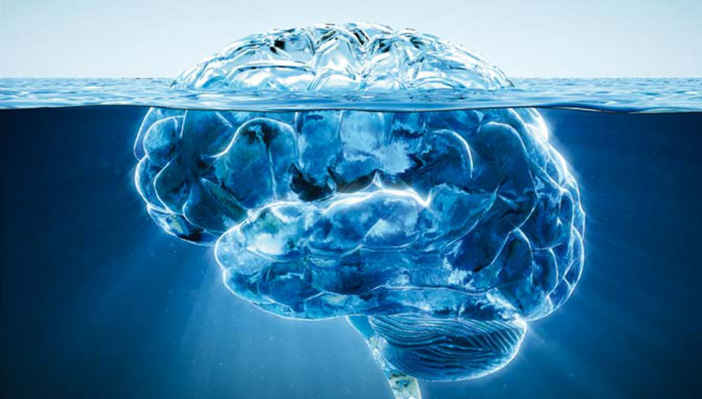 Cerveau stylisé comme en verre, immergé dans l'eau, avec une partie supérieur hors de l'eau et une grosse partie en dessous.