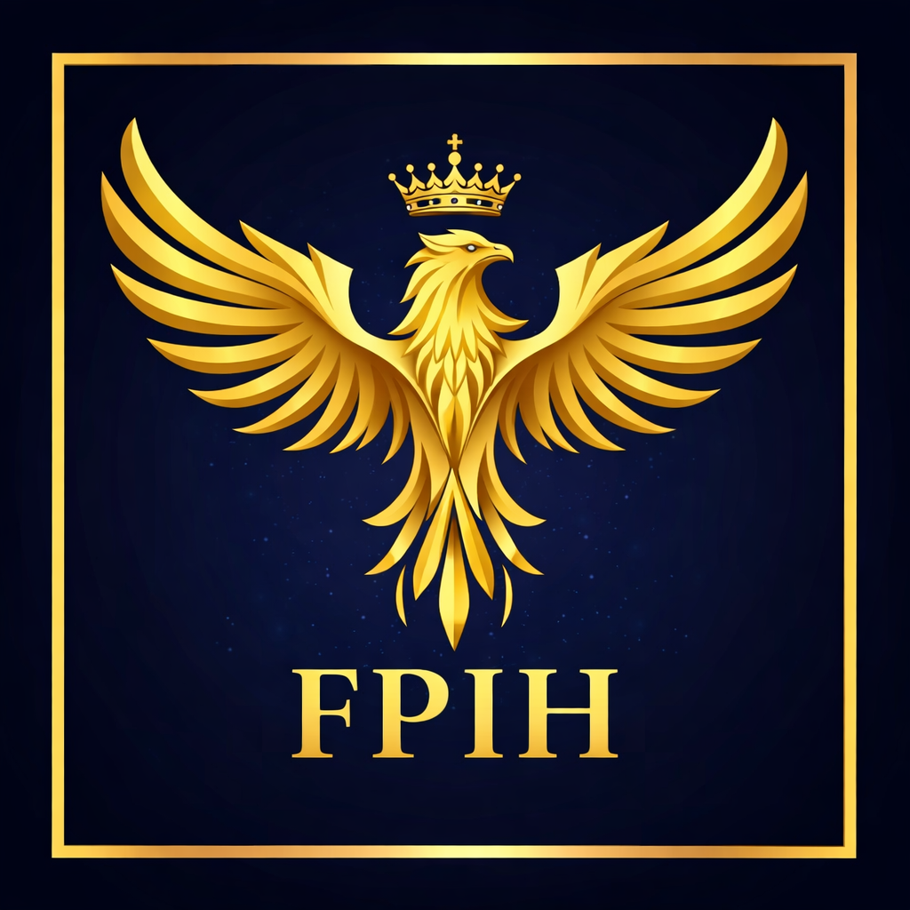 Logo de l'école de formation FPIH (formation Professionnelle Internationale en Hypnoses, doré. un aigle couronné qui regarde à droit tout doré.