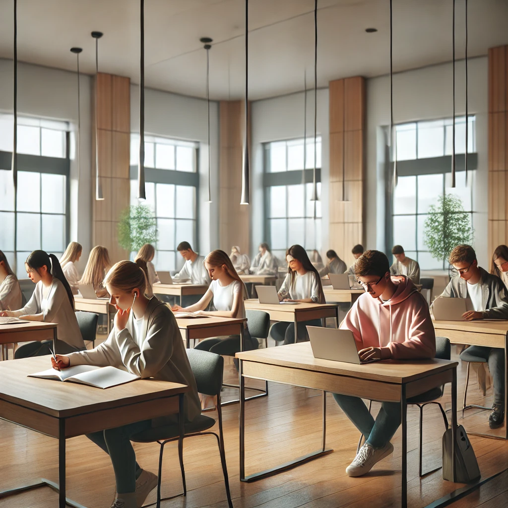Image d'étudiants hommes et femmes très concentrés, assis à leur pupitre dans des ordinateurs ou des cahier. la salle est lumineuse et plein de vitre