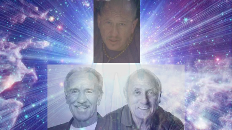 image d'un fond lumineux violet/bleu - avec en surexposition les visages de Richard Bandler, John Gringer fondateur de la PNL, ainsi que Daneil Aaroz fondateur de la nouvelle hypnose