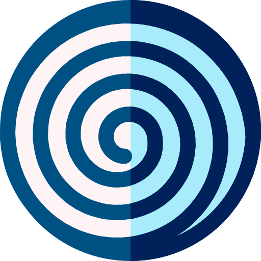 icône de spirale bleue foncée, l'icône séparée en deux par la verticale un coté est bleu claire à droite et blanc à gauche.